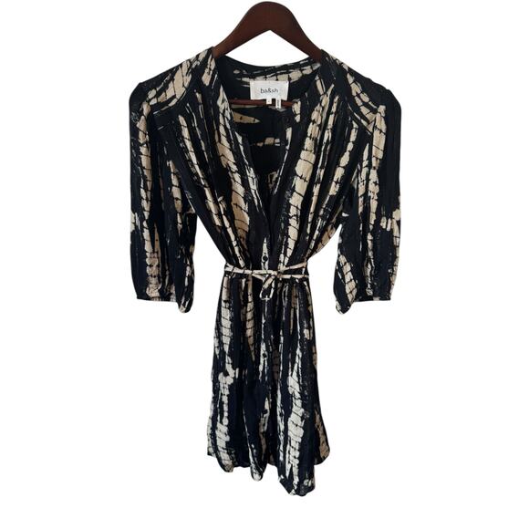 ba&sh Kenya Tie Dye Dress Size Large (3) Black Noir & Beige Metallic 3/4 Sleeves - Picture 3 of 13